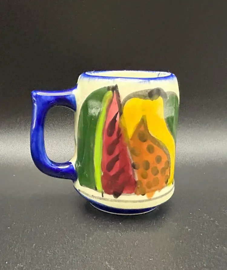 Italian Pottery Espresso/Demitasse Cup Fruits with Blue Trim Single Unmarked