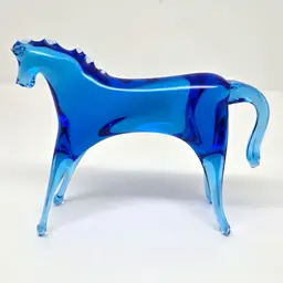 Hand Blown Glass Horse Figurine, Cobalt, Blue, 3" Tall