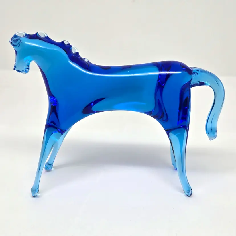 Hand Blown Glass Horse Figurine, Cobalt, Blue, 3" Tall