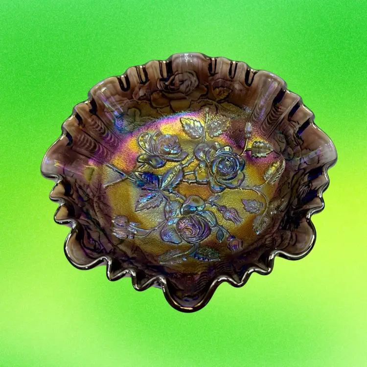 Imperial Glass "Lustre Rose" or "Open Rose" carnival glass 3-footed ruffled bowl.