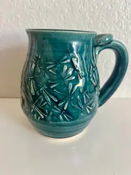 Studio Pottery Coffee Mug Dragonfly Large Green Glaze Tea