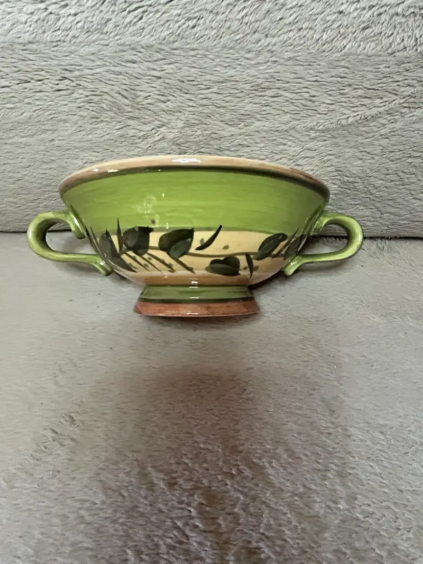 Ceramic Footed Bowl W/ 2 Handles Green With Leaf Design.8”