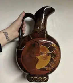 Gorgeous Hand Painted Sun And Moon Redware Pottery Vase Home Decor