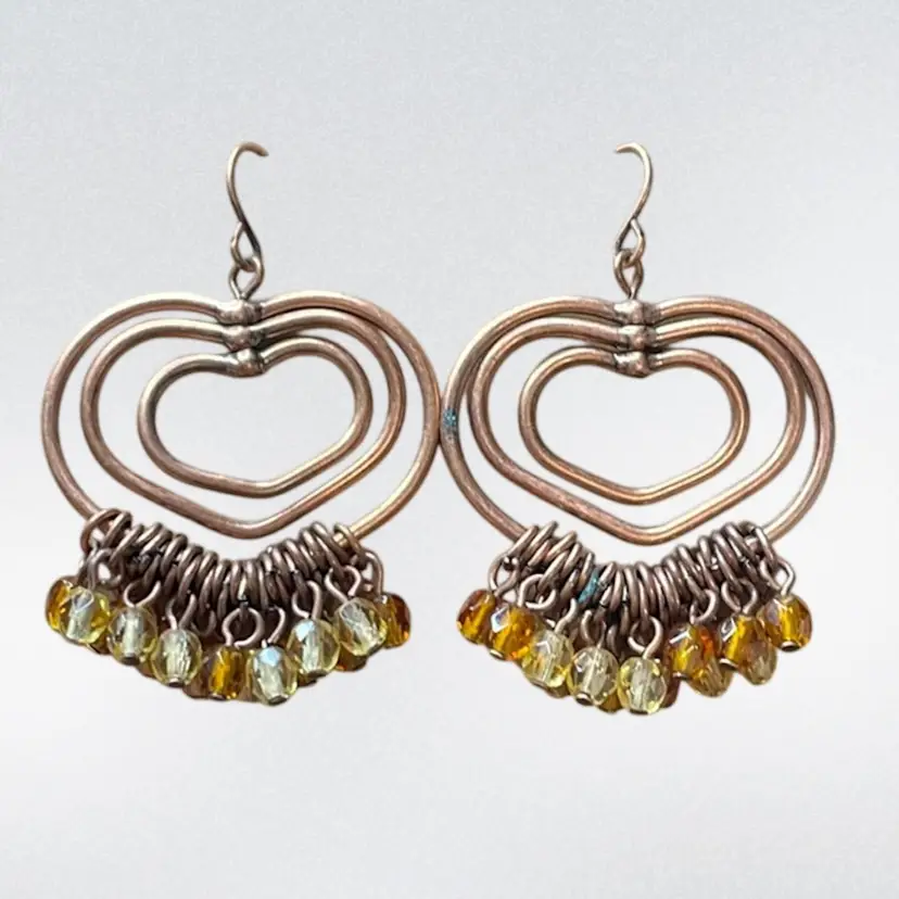 Copper Heart Dangle Earrings Pierced Hooks