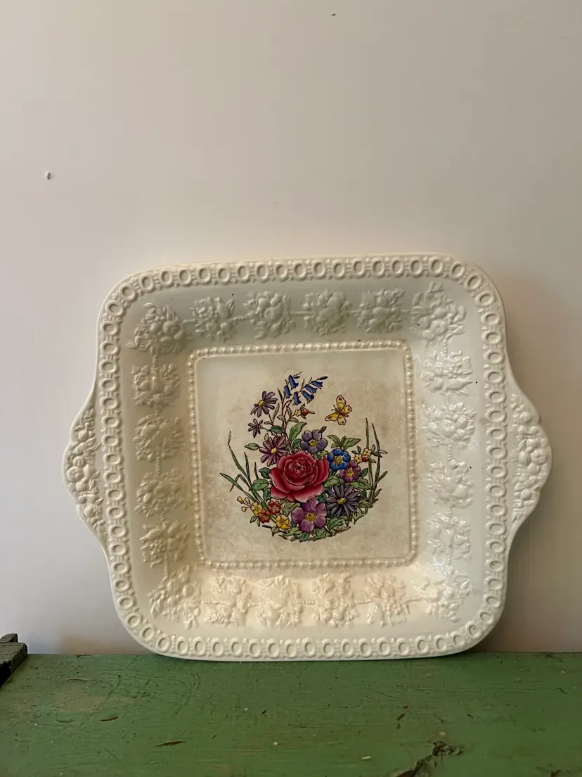 Vintage Wedgwood Square Handled Cake Plate. Tintern Pattern. Wellesely Multicolour by Wedgewood. Made in England