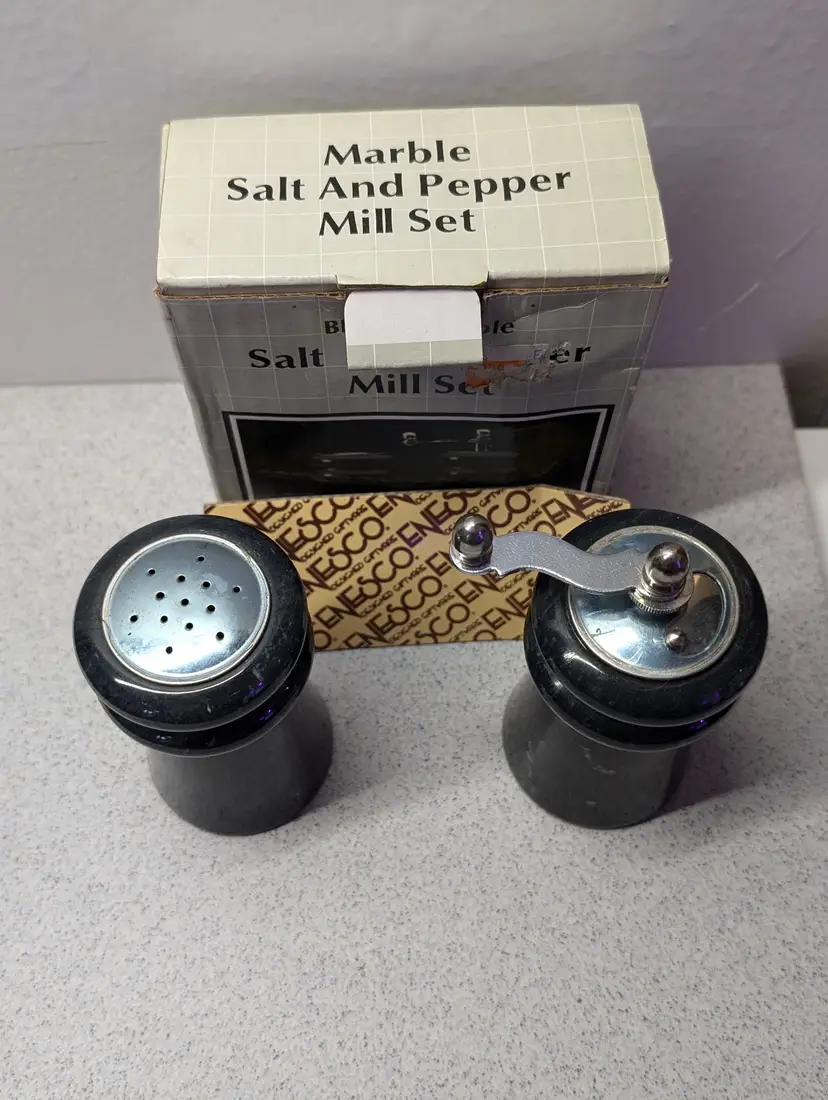 Vintage Enesco Japan Carved Black Marble Salt Shaker and Pepper Mill