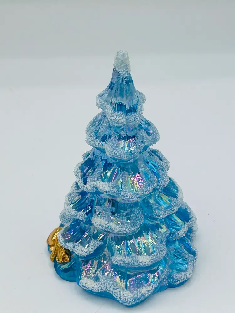 Fenton Blue Opalescent  Frosted With Gold Cat 4.25” Christmas Tree