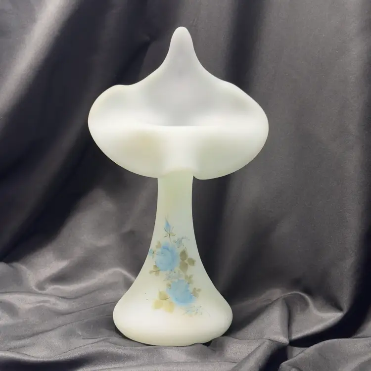 #1595 Frosted Fenton Blue Floral Jack In The Pulpit, Hand Painted, Signed Lisa G.