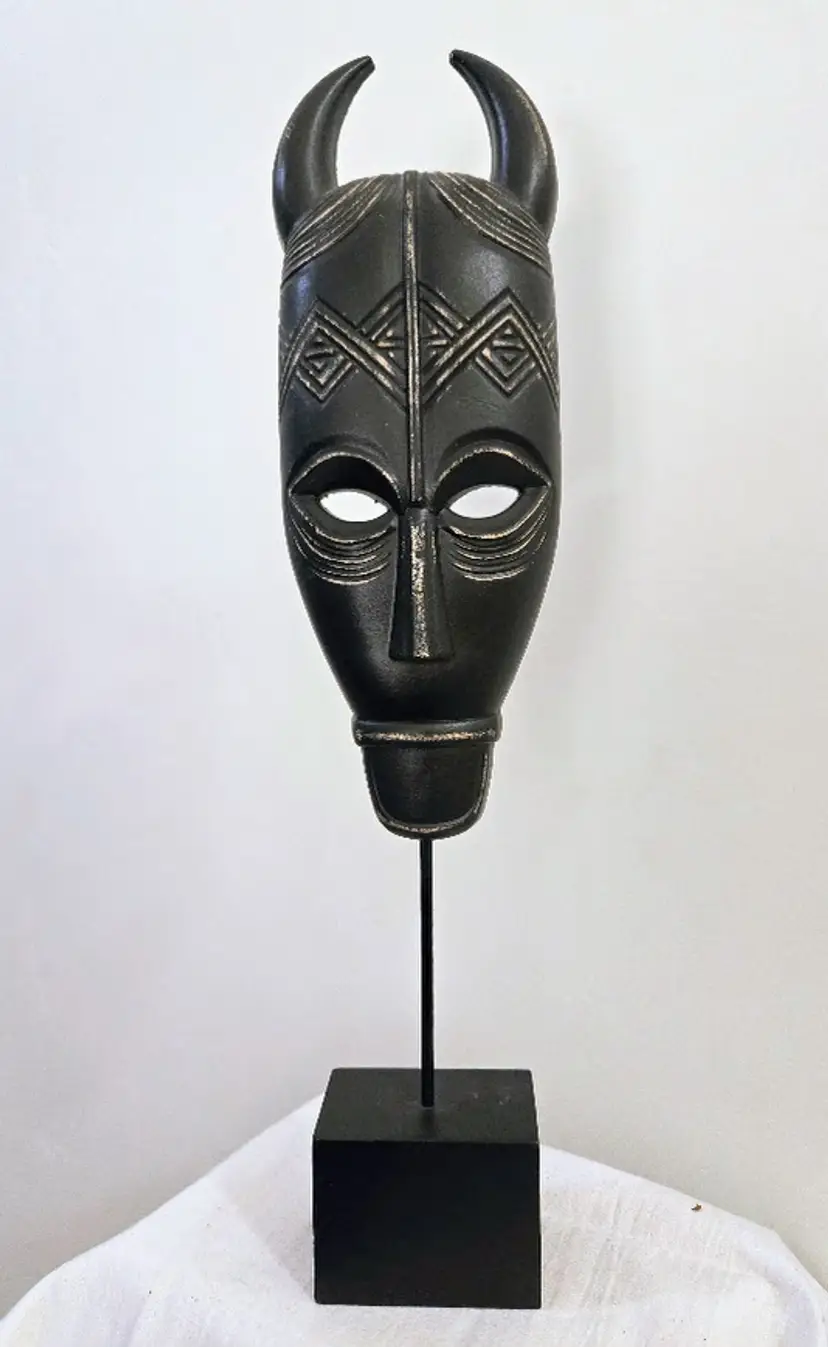 Black Polystone Handmade Carved Mask Sculpture