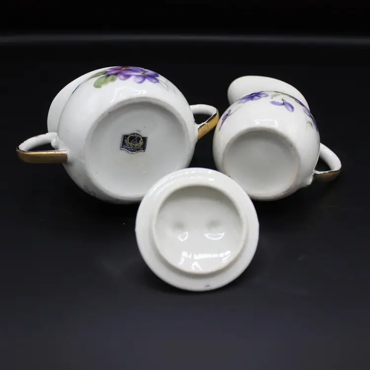 Vintage Porcelain Creamer Sugar Set by Royal Sealy Japan Purple Violet Floral