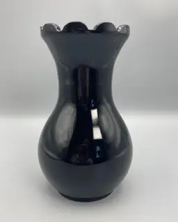 Vintage Black Amethyst Glass Vase With Ridged Rim 6.25"
