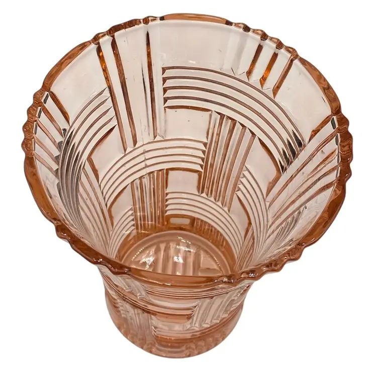 Vintage (‘30s) Anchor Hocking AHC34 Pink Glass Vase, 6.75”, Geometric Horizontal/Vertical Lines