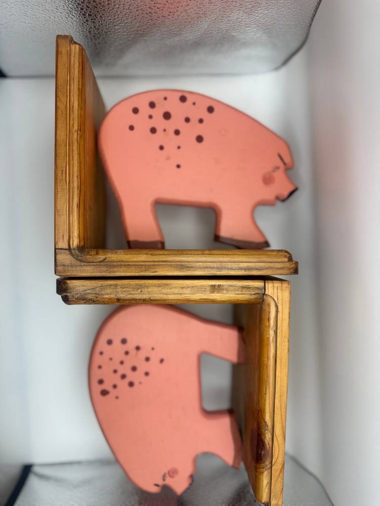 Hand Made Wooden Bookends - Folk Art Pigs 6.75”x6.75”