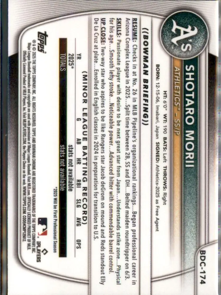 2025 Bowman Draft #BDC-174 Shotaro Morii Chrome - (138) - Athletics