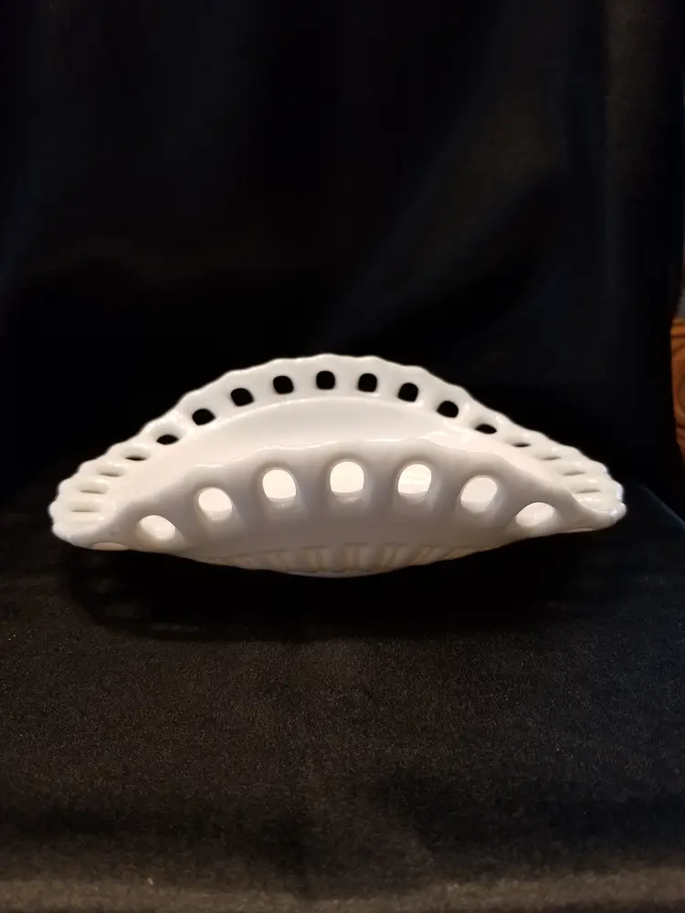 Vintage Milk Glass Open Lace Fruit Flat Fruit Basket