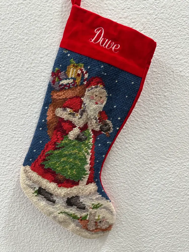 Vintage Lillian Vernon DAVE Wool Needlepoint Santa Stocking