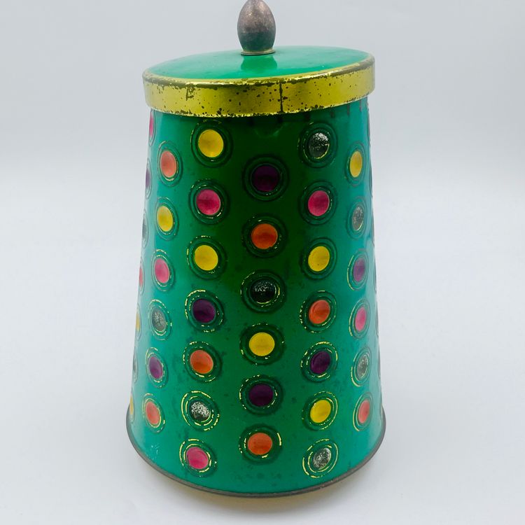 Vintage Mid Century Polka Dot Tin Canister - Green with Colorful Circles