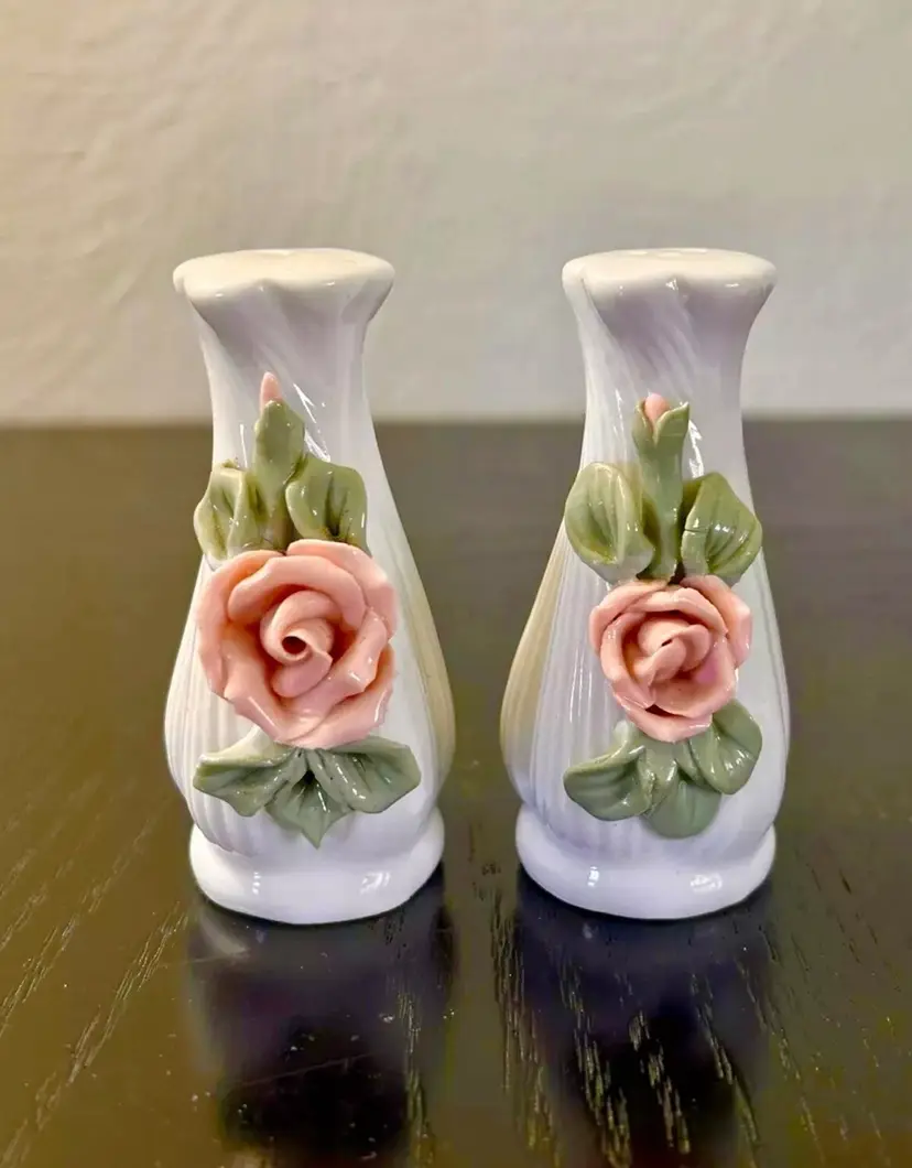 Vintage Salt & Pepper Shakers Ceramic Applied Rosebuds Vase Style