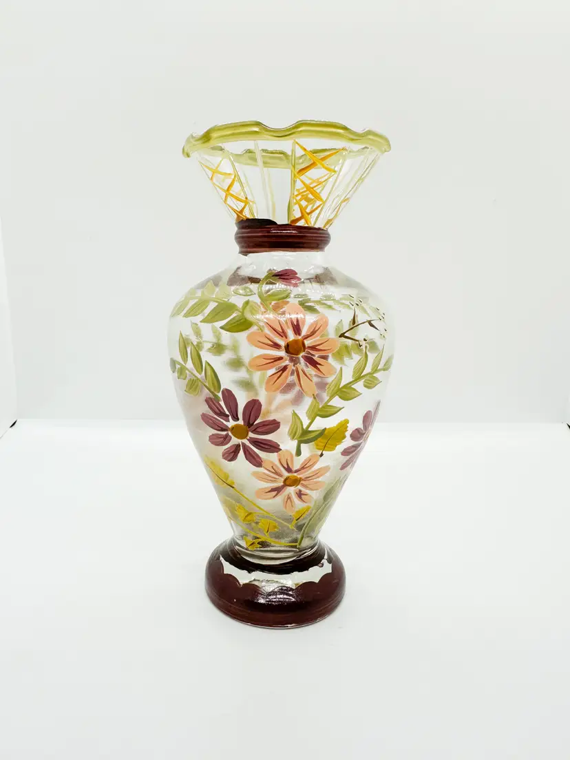 Vintage Tracy Porter Hand Painted Glass Bud Vase Floral Flower Ruffle Edge 6"