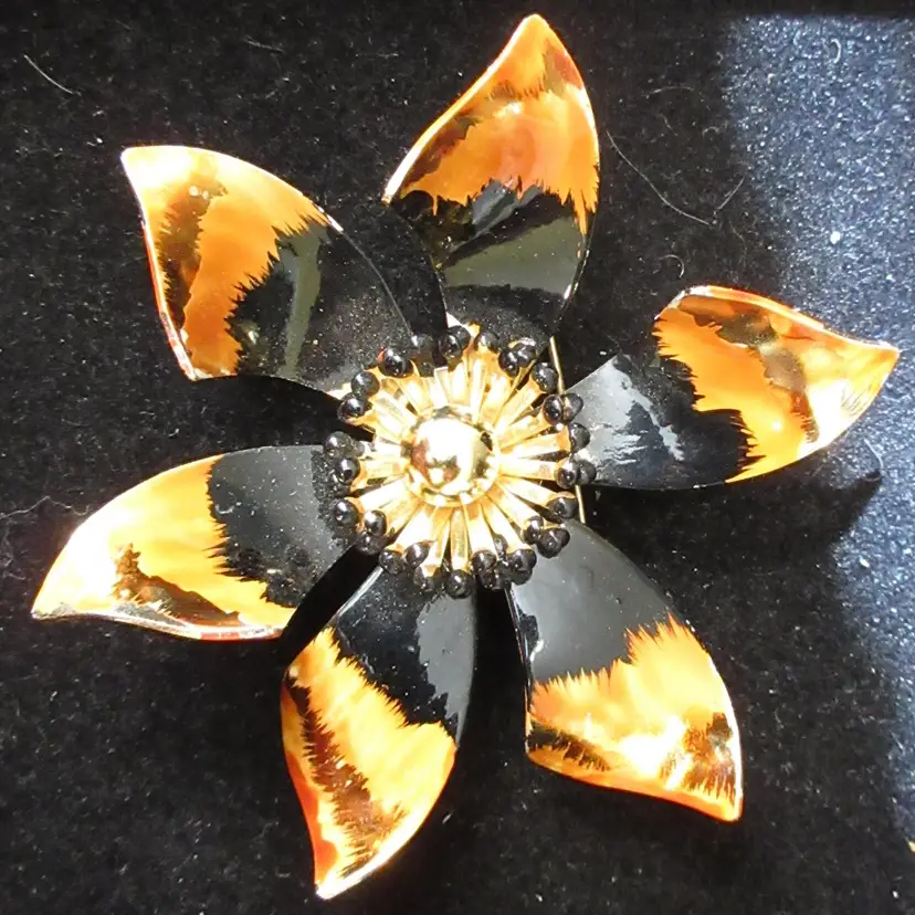 Vintage Orange and Black Enamel on Gold Tone Metal Large Flower Brooch Pin - 2.75 Inch Diameter