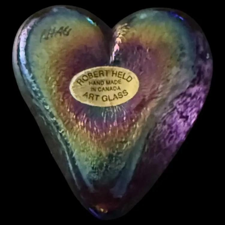 Robert Held Pure Iridescent Waffle Glass Heart Paperweight 2.75”