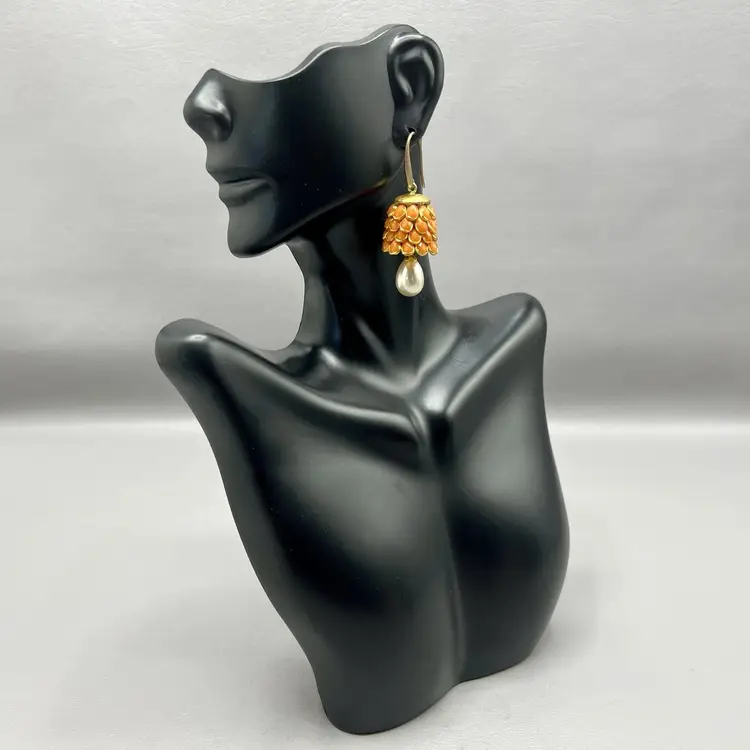 Vintage Orange Gold Tone Dangle Earrings Faceted Beads Pearl Drop Statement Boho Costume Jewelry 2"