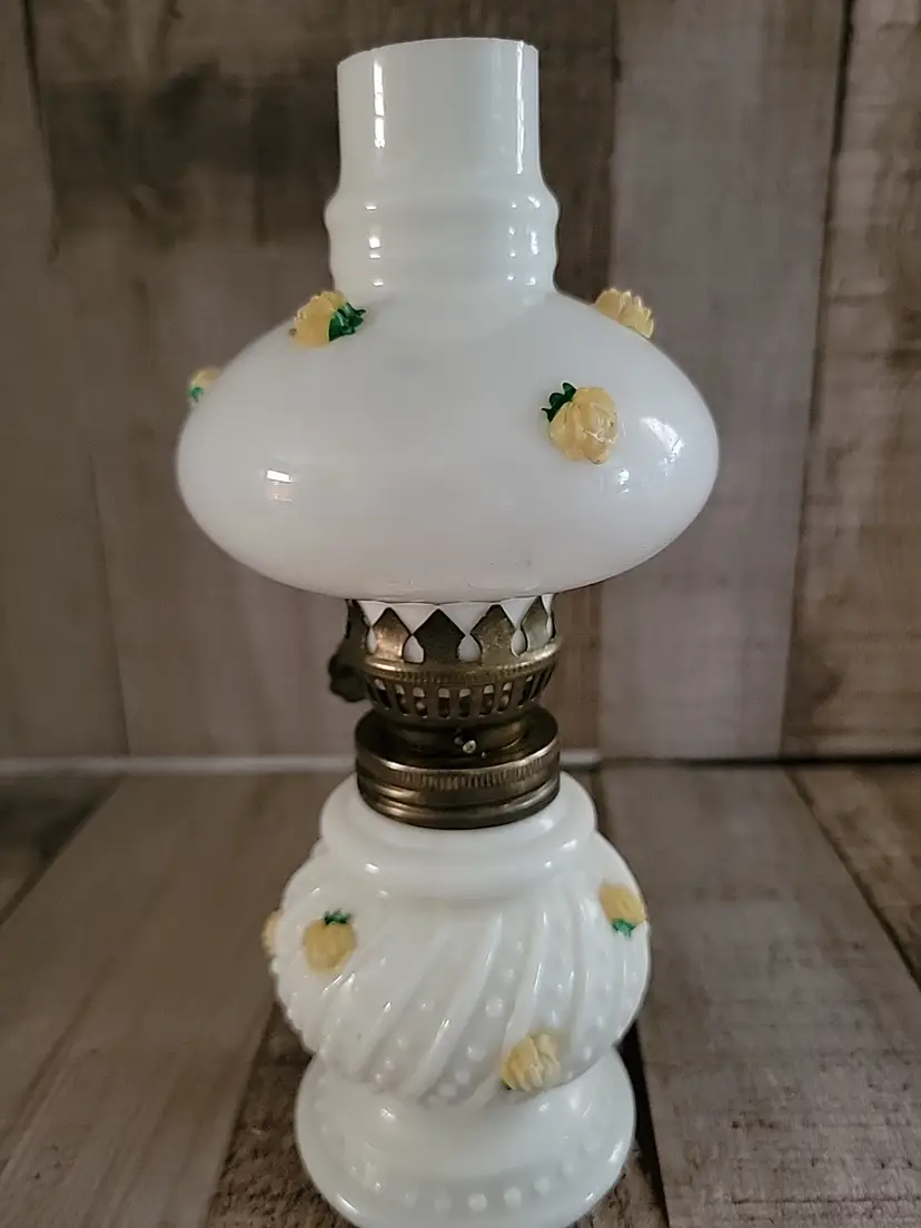 Vtg Mini White Hobnail Milk Glass Hurricane Oil Lamp Applied Yellow Roses 7.5"H