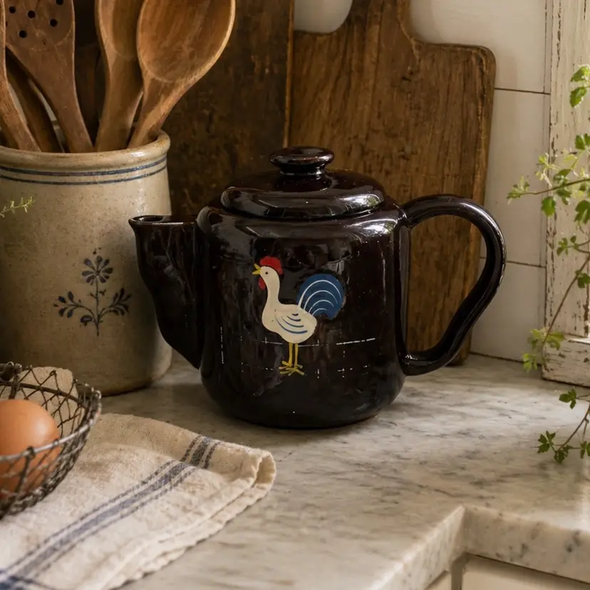 Vintage Brown Primary Color Red Blue Yellow Chicken Rooster Teapot Japan
