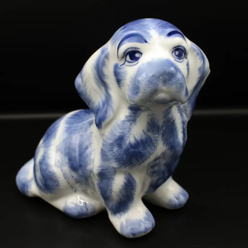 Vintage Blue White Ceramic Dog Figurine Glossy Glaze Cocker Basset Animal Decor