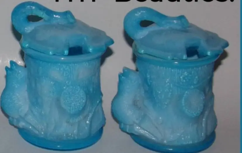 Vintage McKee Blue Slag Glass Bird on Stump Covered Condiment Jar