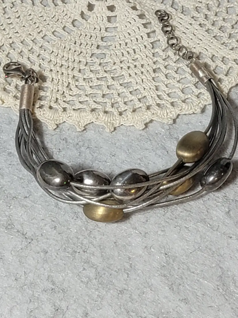 Sterling Silver Brushed Gold Bead & Silver Multi-Strand Leather Bracelet