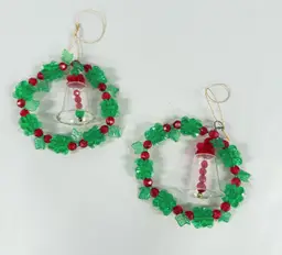 Vintage Plastic Beaded Christmas Wreath Christmas Ornament Set Of 2