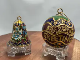Vintage Cloisonné Ornaments Seasons Greetings & Bell Shelf Sitters Enamel Brass