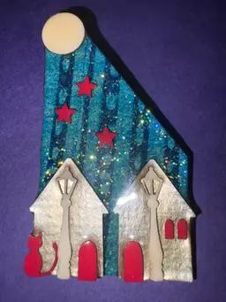Lucinda House Pin - Teal Glittery Background With Red Stars ~ Silver Twin Houses With Lamp Posts And Red Accents ~ And A Fabulous Red Cat!