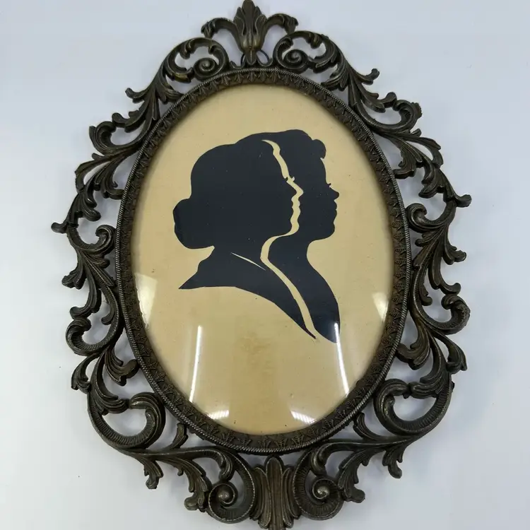 Ornate Brass Frame With Double Subject Silhouette Portrait Made In Italy