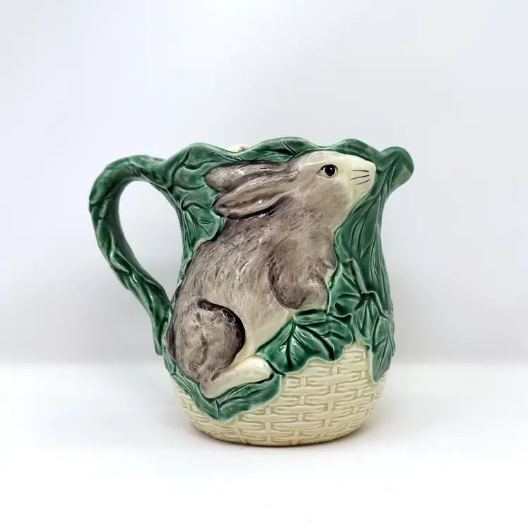 Vintage Majolica Ceramic Bunny Pitcher – Takahashi Japan 7” Hand Painted Spring Decor  (0329-25)