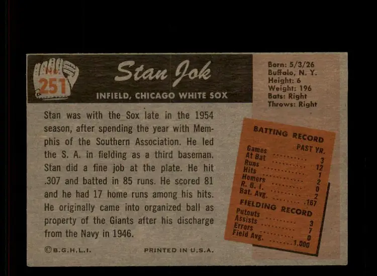 1955 Bowman #251 Stan Jok - (pk-tl3) - Chicago White Sox