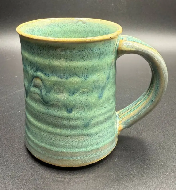 Brandon Stoneware Pottery Mug in Teal with a Blue Drip Glaze 1990's