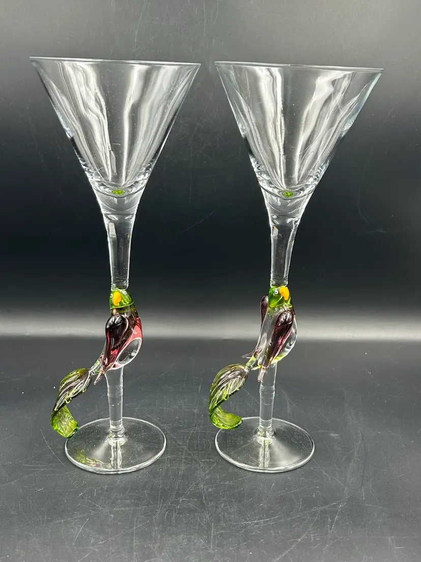 Hand Blown Art Class Parrot Cocktail Glasses, 3-D Bird On Stem Barware set-2