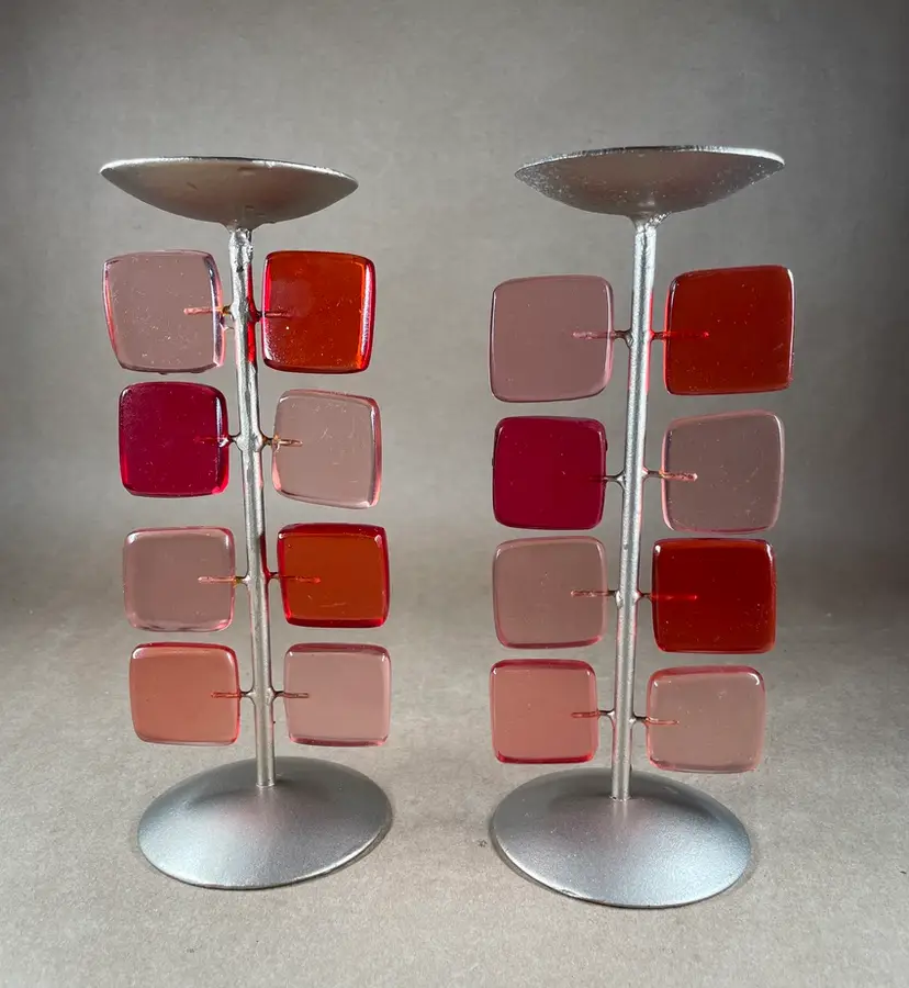 GB Retailers Gold Painted Metal and Shades of Pink Acrylic Pillar Candle Stick Holders (2)