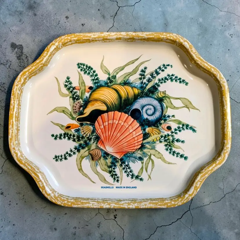 Vtg Elite Tray England Seashells Beach Coastal Metal Tin Small Tray Dish Plate