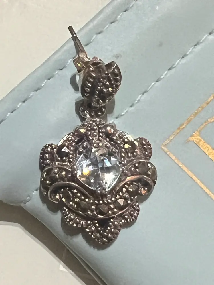 NATURAL Blue Topaz And Marcasite Sterling Silver Ornate Dangle Drop Pierced Earrings, Made By Ross & Simons With Original Box.