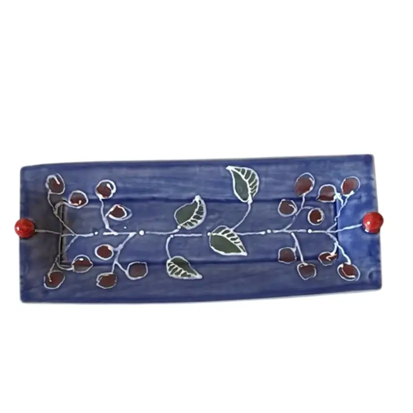 Rectangular Serving Tray/Wall Decor Handmade Pottery With Berry Handles Blue With Red Berries & Green Leaves Signed
1-1/4” T (w/handle) x 10-1/2” L x 4-3/8” W