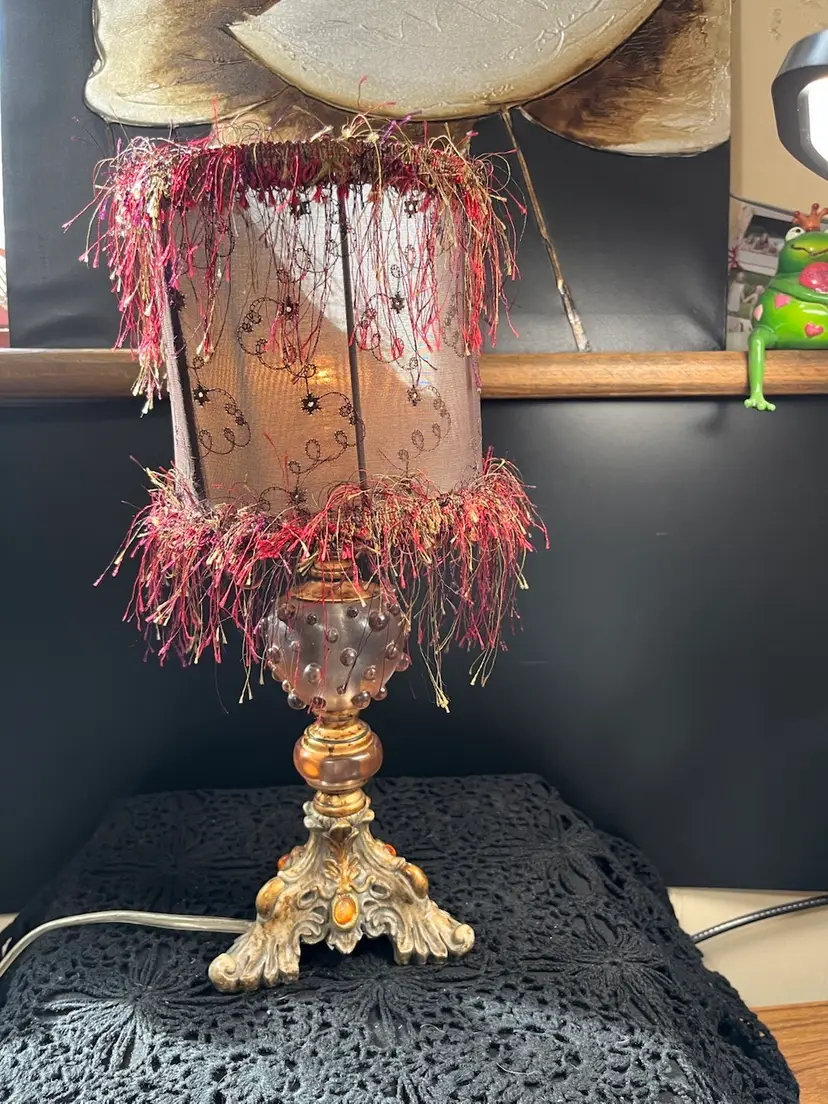 Portfolio Moulin Rouge Pink & Stone Finish, w/ Feather Embellishments on Shade-Boudoir Lamp. Lot 28