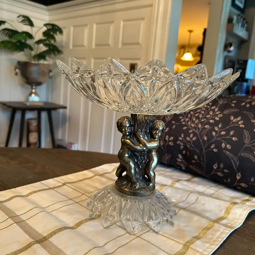 Glass and Brass Cherub Compote Pedestal Dish