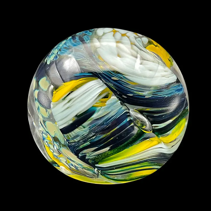 1995 Fred Wilkerson Art Glass Abstract Multicolor Swirl Paperweight