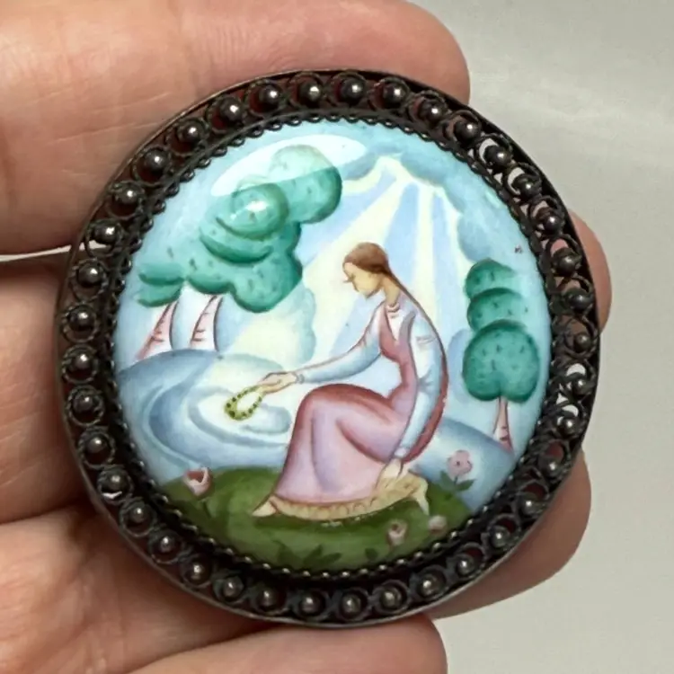 Vintage Russian Rostov Finift Hand Painted Maiden by The River 2" Enamel Brooch
