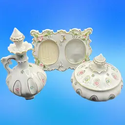 Antique Japanese porcelain lidded vanity Powder dish And Perfume Cruet with hand-painted roses and gold trim.  Also Matching Mini Porcelain Double Picture Frame . Valentines Day