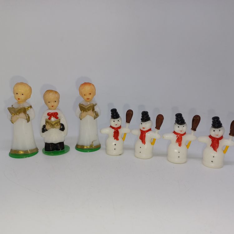 Vintage Plastic Cake Cupcake Toppers chorus figures & snowmen 7 pc 1950s