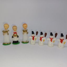 Vintage Plastic Cake Cupcake Toppers chorus figures & snowmen 7 pc 1950s